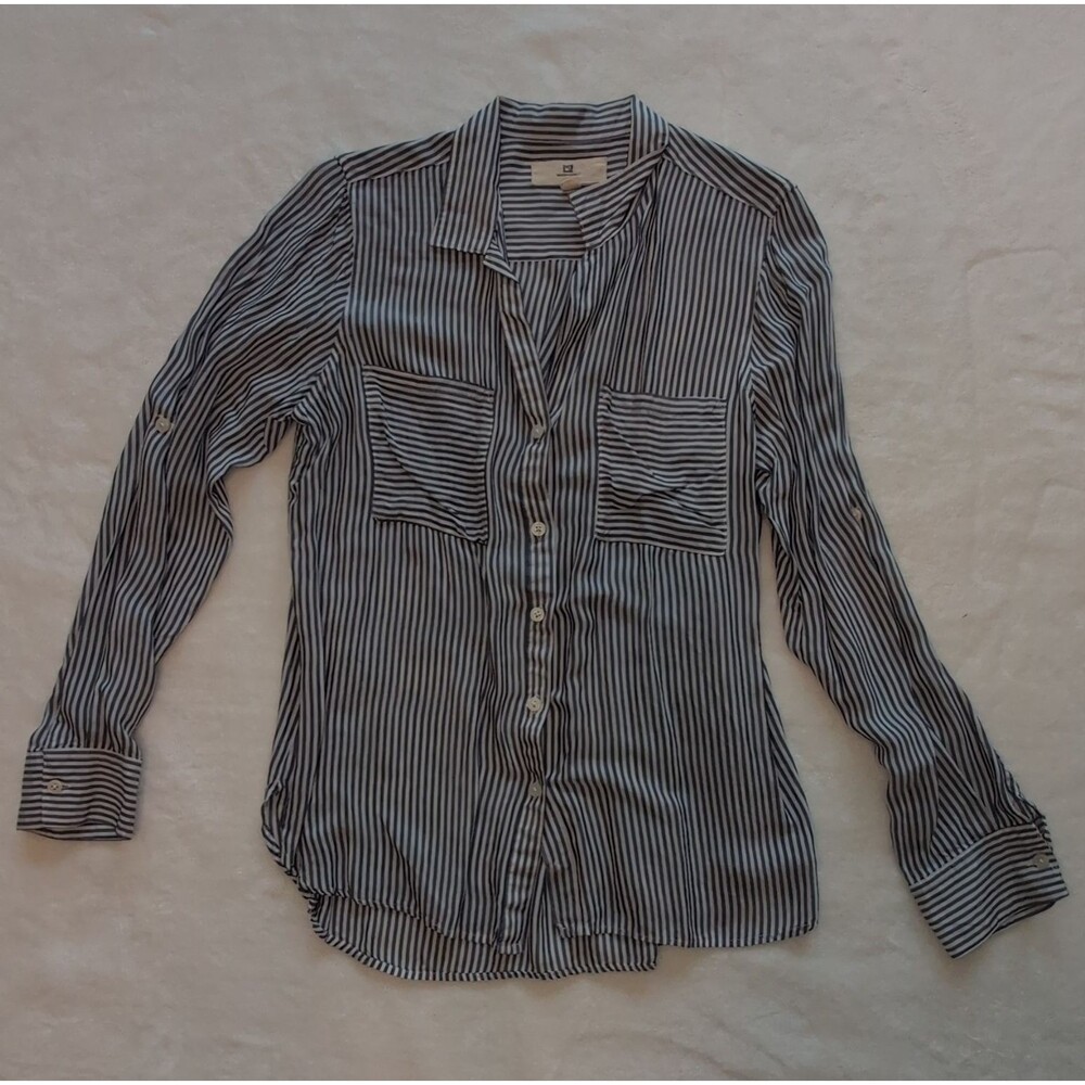 Thread + Supply Women's Blue/White Striped Collared Button-Up Woven Cotton, S